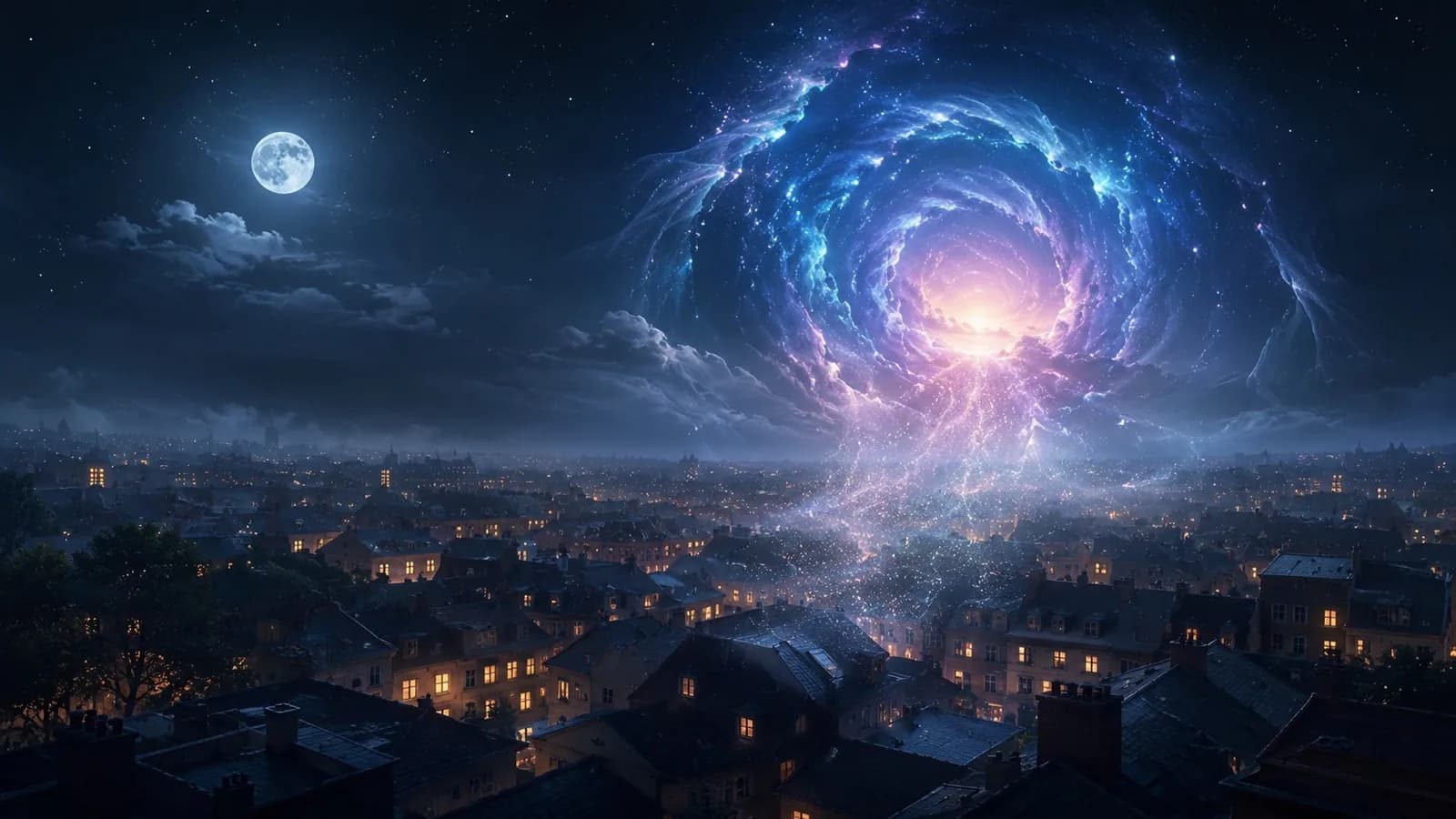 A glowing spiral dream portal opening in the night sky above a sleeping town.