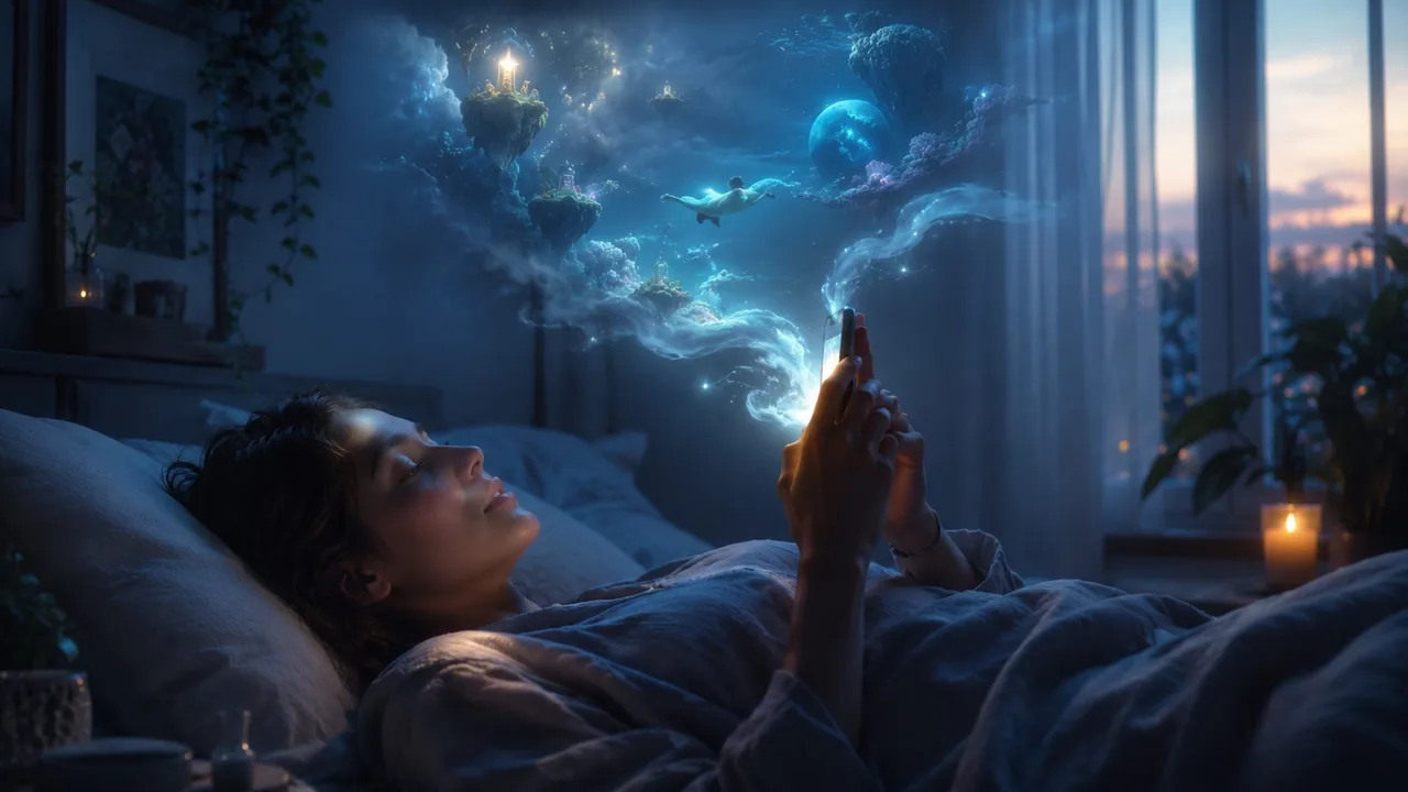 A person resting in bed at dusk holding a phone, a glowing dream cloud of small floating scenes rising from the screen.