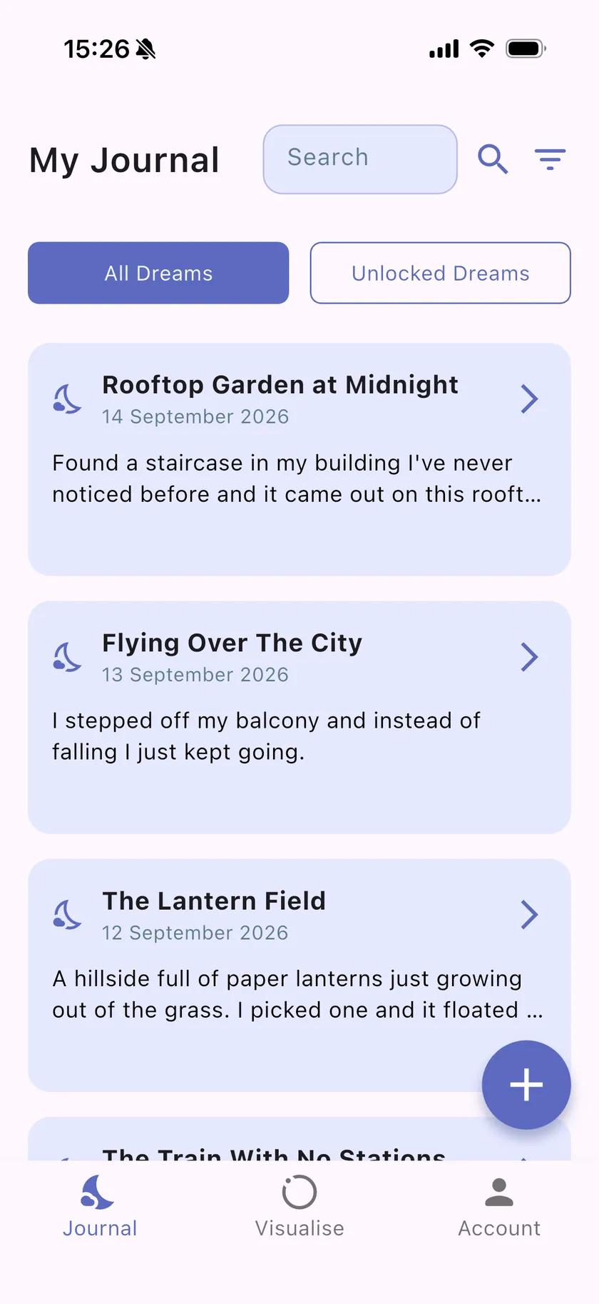 Slumbr's My Journal screen listing recent dreams such as Rooftop Garden at Midnight and Flying Over The City