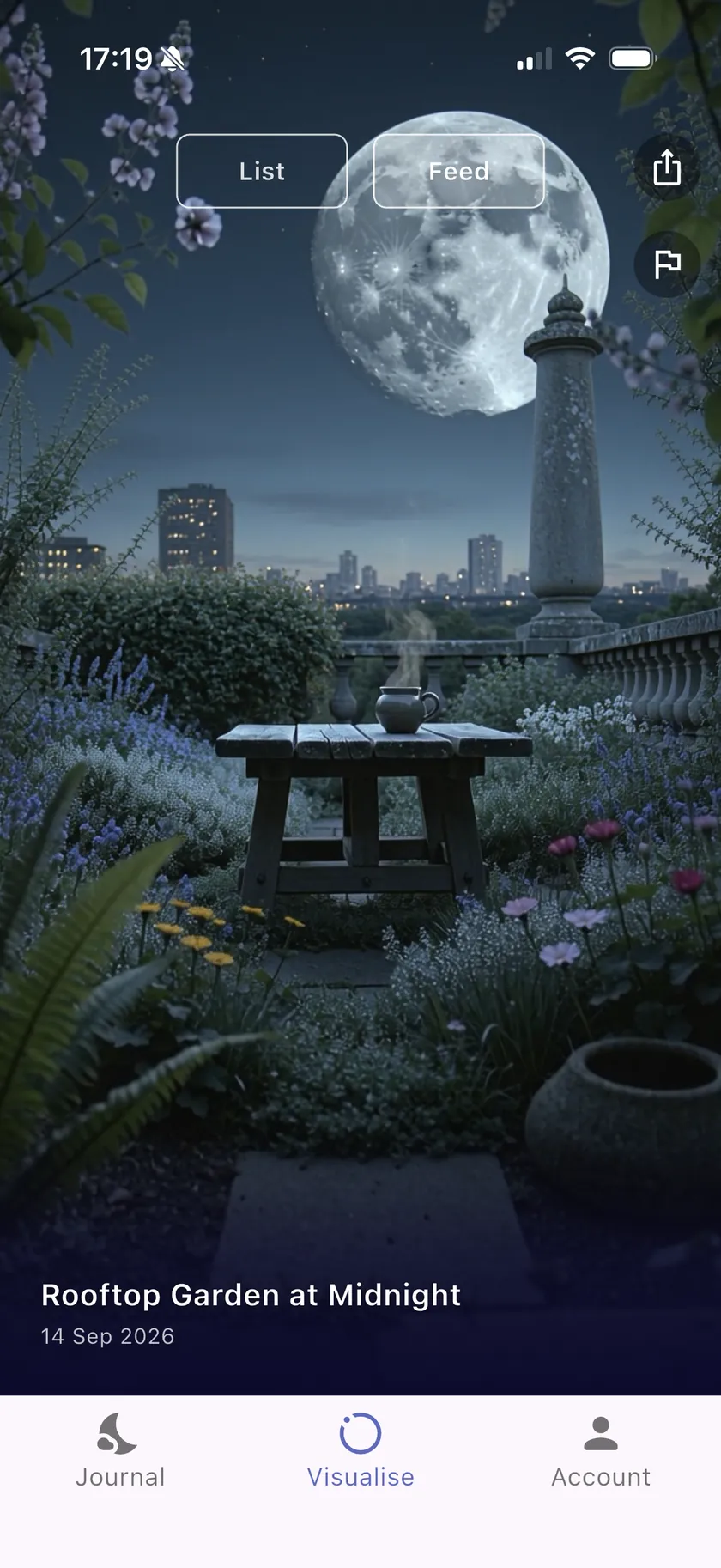 Slumbr's Visualise feed playing a dream film of a rooftop garden at midnight under a full moon