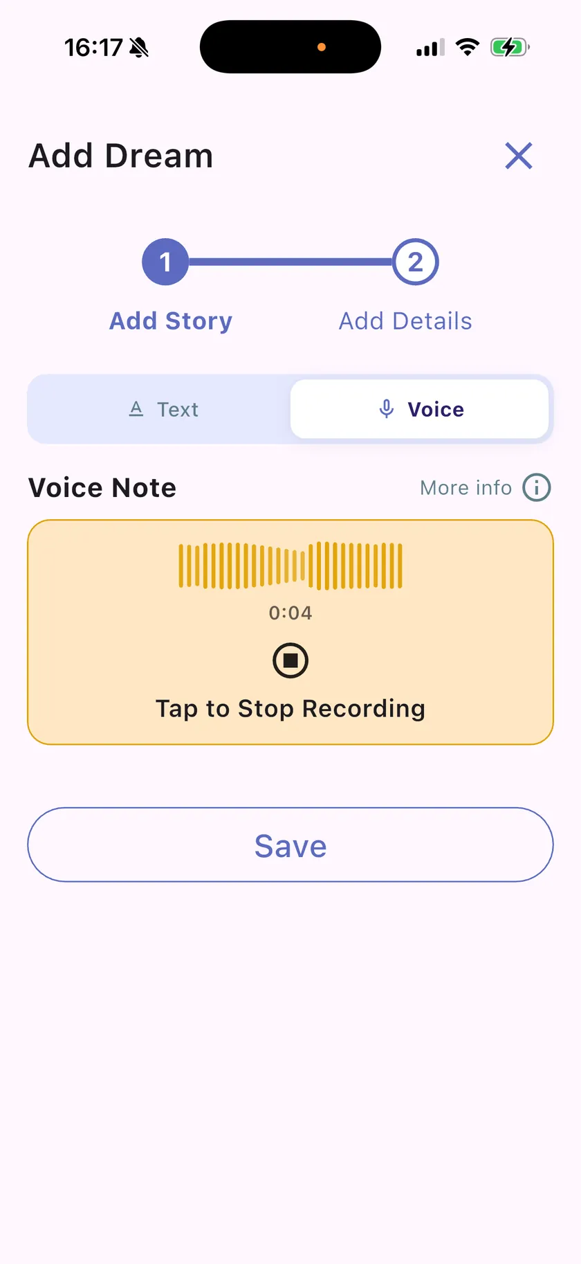 Slumbr's Add Dream screen recording a voice note, with a live waveform and a Tap to Stop Recording button
